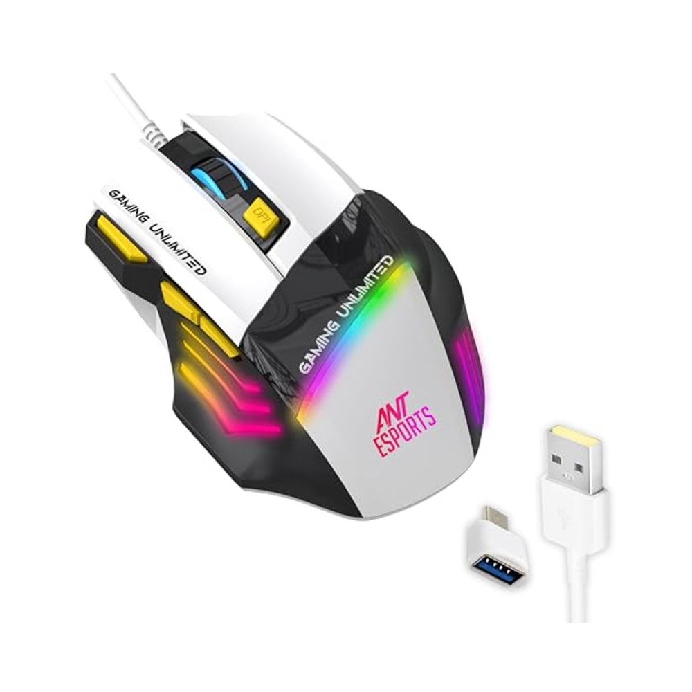 Ant Esports GM100 V2 Optical Gaming Mouse,7 Button Wired USB Mouse, 4000 FPS Sensor, 3600 DPI, RGB Lighting,1.5m PVC Cable, Ergonomic Design, for Windows PC, Laptop,Gaming &amp; Office Use- Black &amp; White