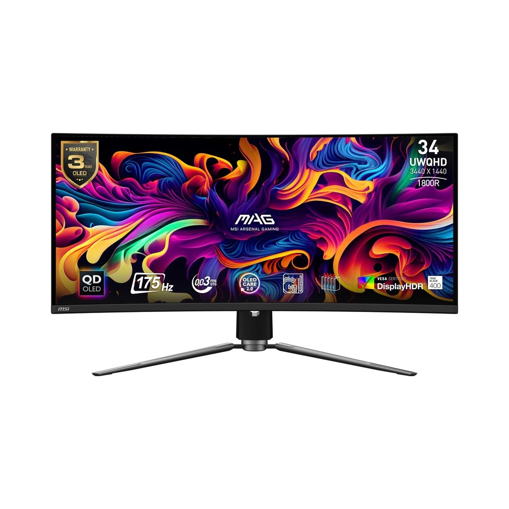 Buy MSI MAG341CQP QD-OLED 34" Curved Gaming Monitor, 3440 x 1440 (UWQHD), 0.03ms Response Time, 175Hz, True Black HDR 400, HDMI, DP Port, USB Type-C, Tilt, Height Adjustable Best Price in Poland, Express Delivery Warsaw, Kraków, Łódź, Wrocław, Poznań, Gdańsk, Szczecin, Bydgoszcz, Lublin, Białystok, Katowice, Gdynia