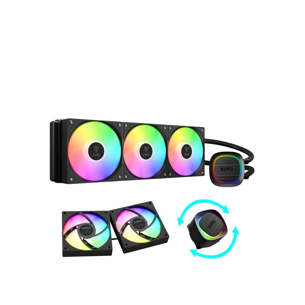 GAMDIAS Aura GL360 V2, 360mm CPU Liquid Cooler w/PWM Fans, ARGB AIO Water Cooling Sytem, Hidden Cable & Rotatable Pump, Intel LGA 1700/1200 & AMD AM5/AM4 - Black