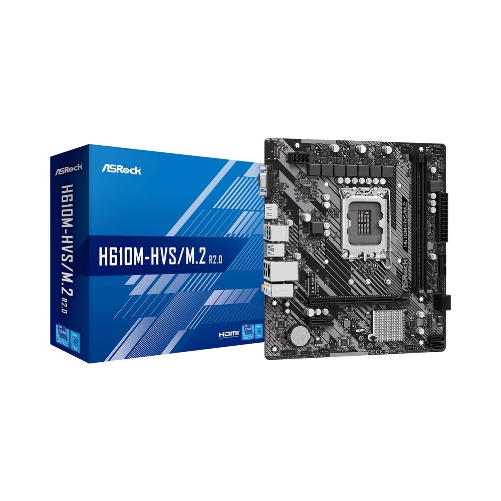 Asrock H610M-HVS/M.2 R2.0 Motherboard, Intel Socket 1700, 12th Gen, Micro ATX, DDR4 3200MHz, 1x PCIe 4.0 x16, 1x PCI-e 3.0 x1, 7.1 Channel Audio, Ultra M.2, USB 3.2 Gen1, Gigabit LAN, HDMI, VGA