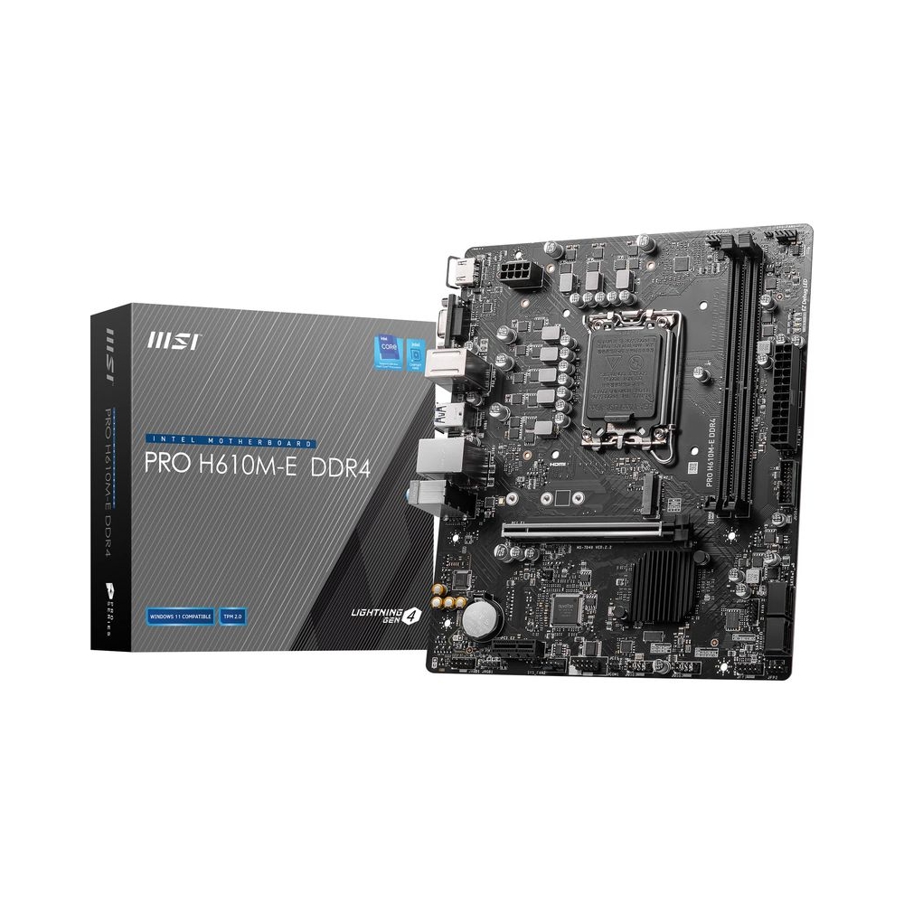 MSI PRO H610M-E DDR4 Motherboard, Micro-ATX - Supports 14th/13th/12th Gen Intel Core Processors, LGA 1700-2 x DIMMs (3200MHz), 1x PCIe 4.0 x16 Slot, 1 x M.2 Gen3, USB 3.2 Gen1, 1G LAN, HDMI 1.4 & VGA