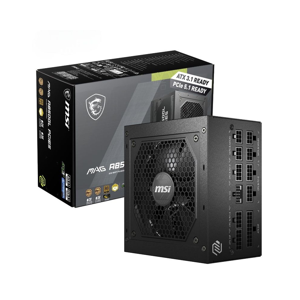 MSI MAG A850GL PCIE5 Power Supply Unit, 850W, 80 Plus Gold, Fully Modular, ATX 3.1, PCIe 5.1 GPU Support, 120mm FDB Fan, Full-Bridge LLC, Flat Black Cables - 7 Year Warranty