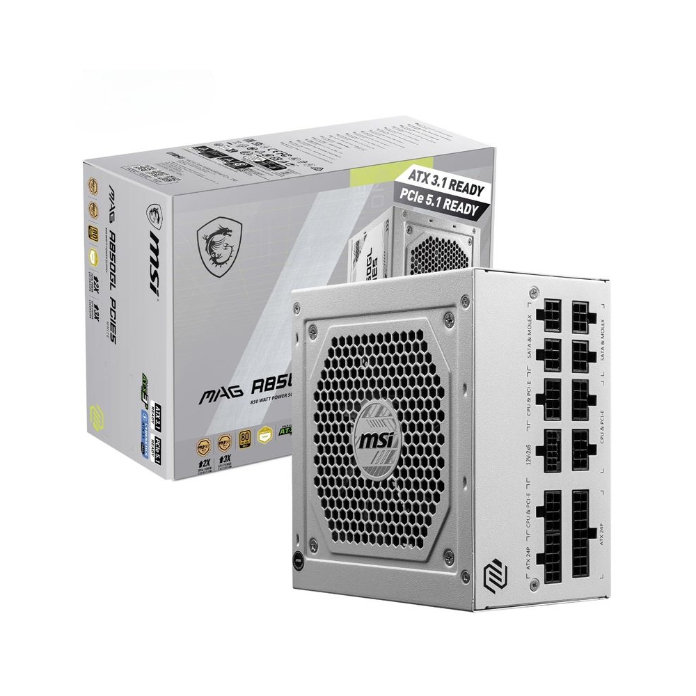 MSI MAG A850GL PCIE5 White Power Supply Unit, 850W, 80 Plus Gold, Fully Modular, ATX 3.0, PCIe 5.0 GPU Support, 120mm FDB Fan, Full-Bridge LLC, Flat Black Cables - 7 Year Warranty