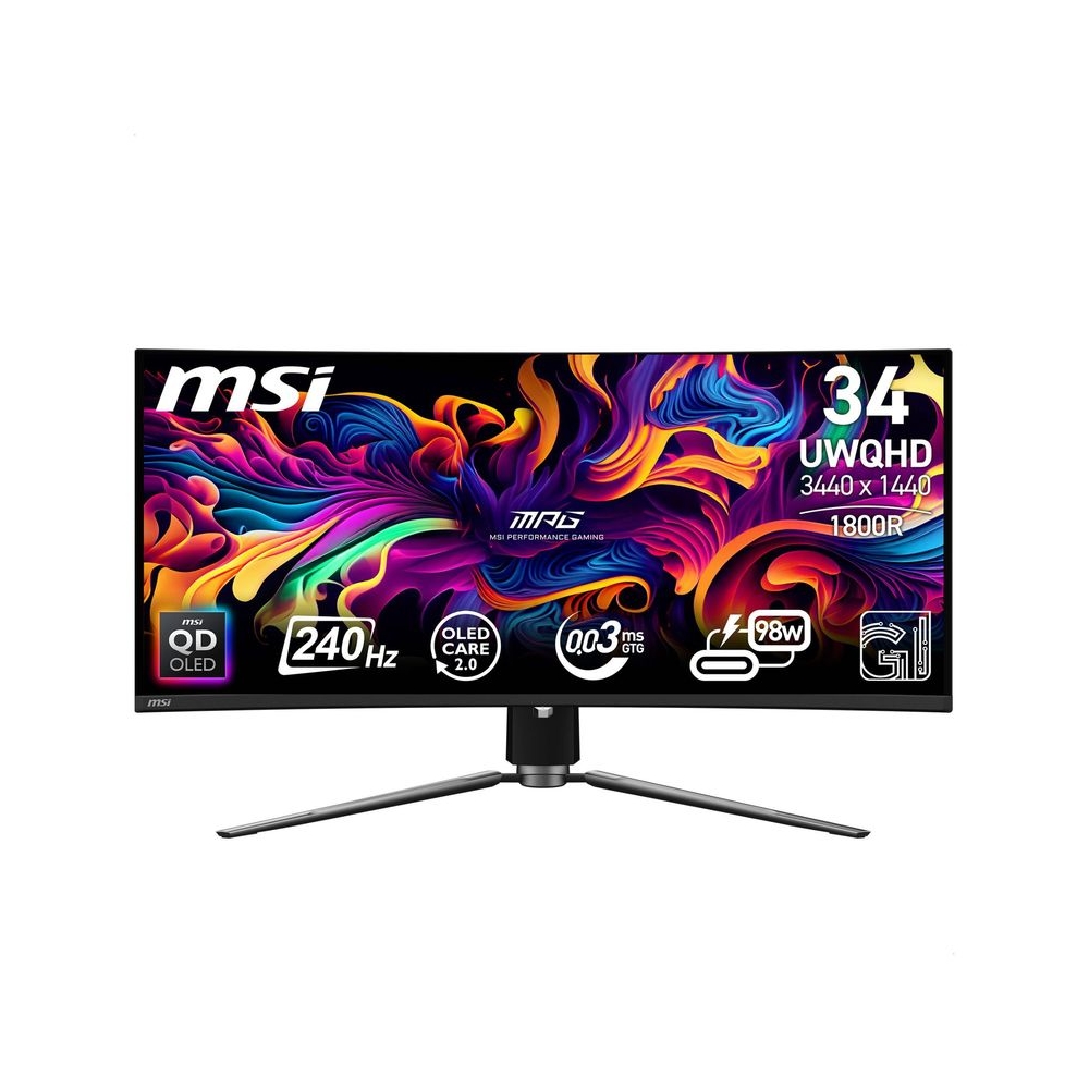 MSI MPG 341CQPX QD-OLED 34 Inch 2K UWQHD Curved Gaming Monitor - 3440 x 1440(21:9) QD-OLED Panel, 240Hz / 0.03ms, 99.3% DCI-P3, ΔE≤2, DisplayHDR True Black 400, DP 1.4a, HDMI 2.1, USB Type C(PD:98W)