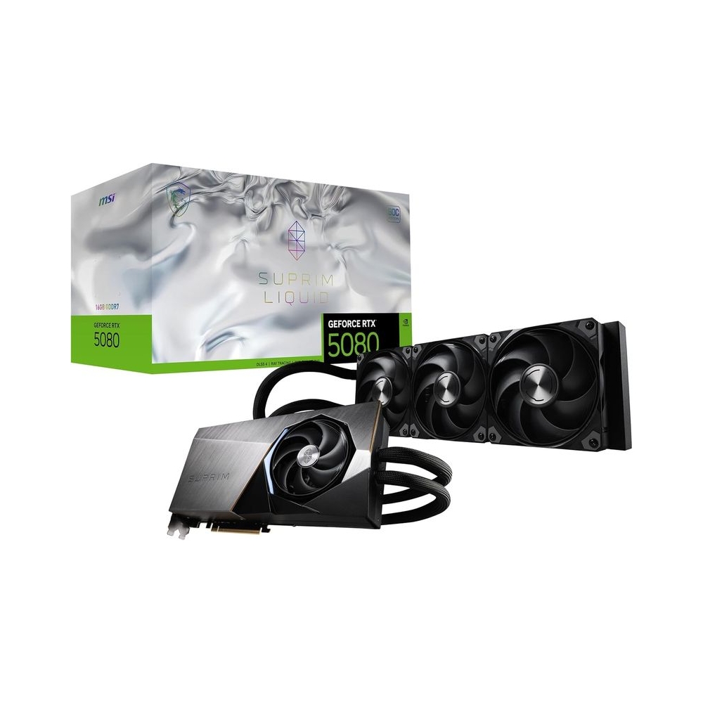 MSI GeForce RTX 5080 16G SUPRIM Liquid SOC Graphic Card - NVIDIA GeForce RTX 5080 GPU, 16GB GDDR7 256-bit Memory, 30 Gbps, PCI Express Gen 5 x 16 Interface, Upto 2745 MHz, STORMFORCE Fan