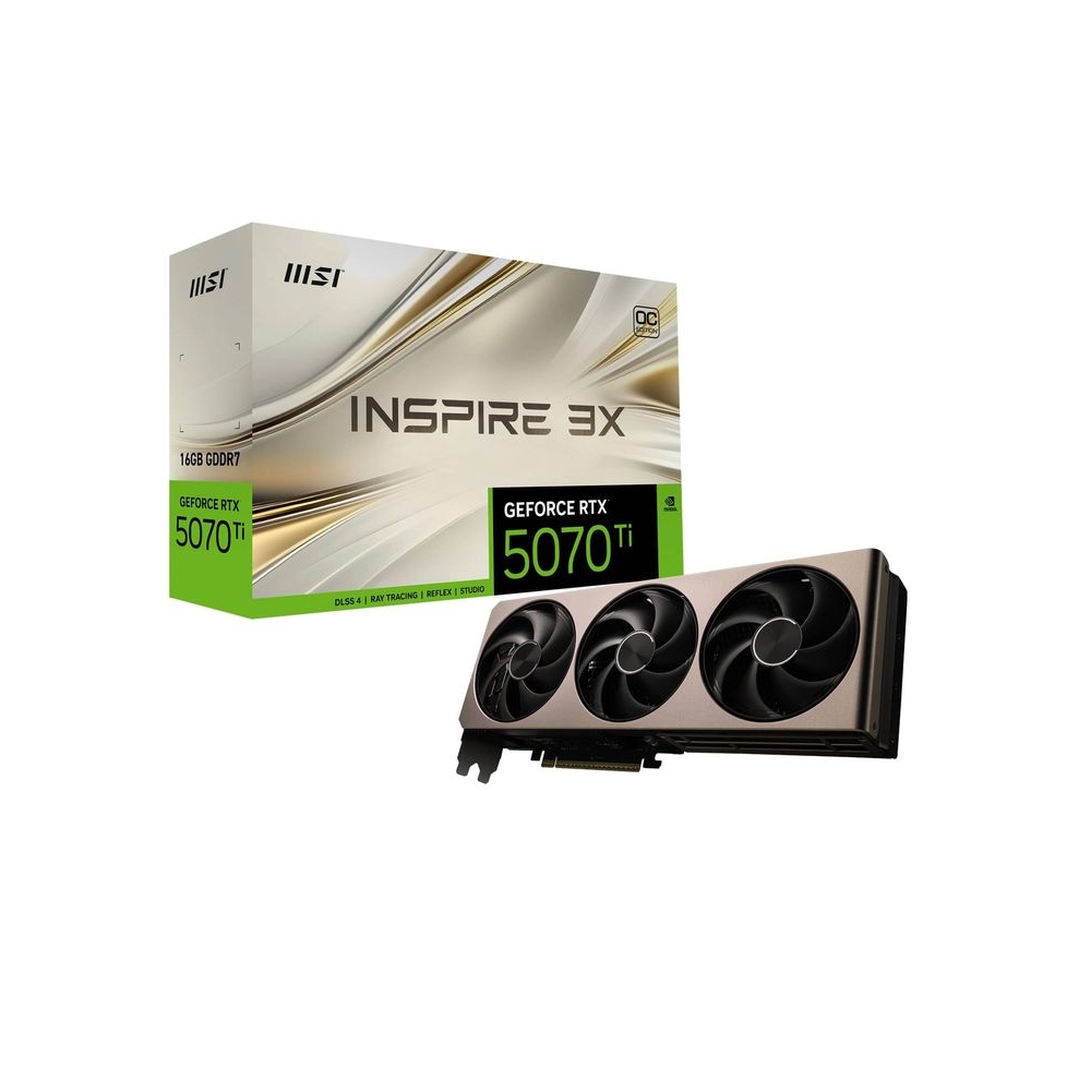 MSI GeForce RTX 5070 Ti 16G Inspire 3X OC Graphic Card - NVIDIA GeForce RTX 5070 Ti GPU, 16GB GDDR7 256-bit Memory, 28 Gbps, PCI Express Gen 5 Interface, Upto 2482 MHz, STORMFORCE Fan