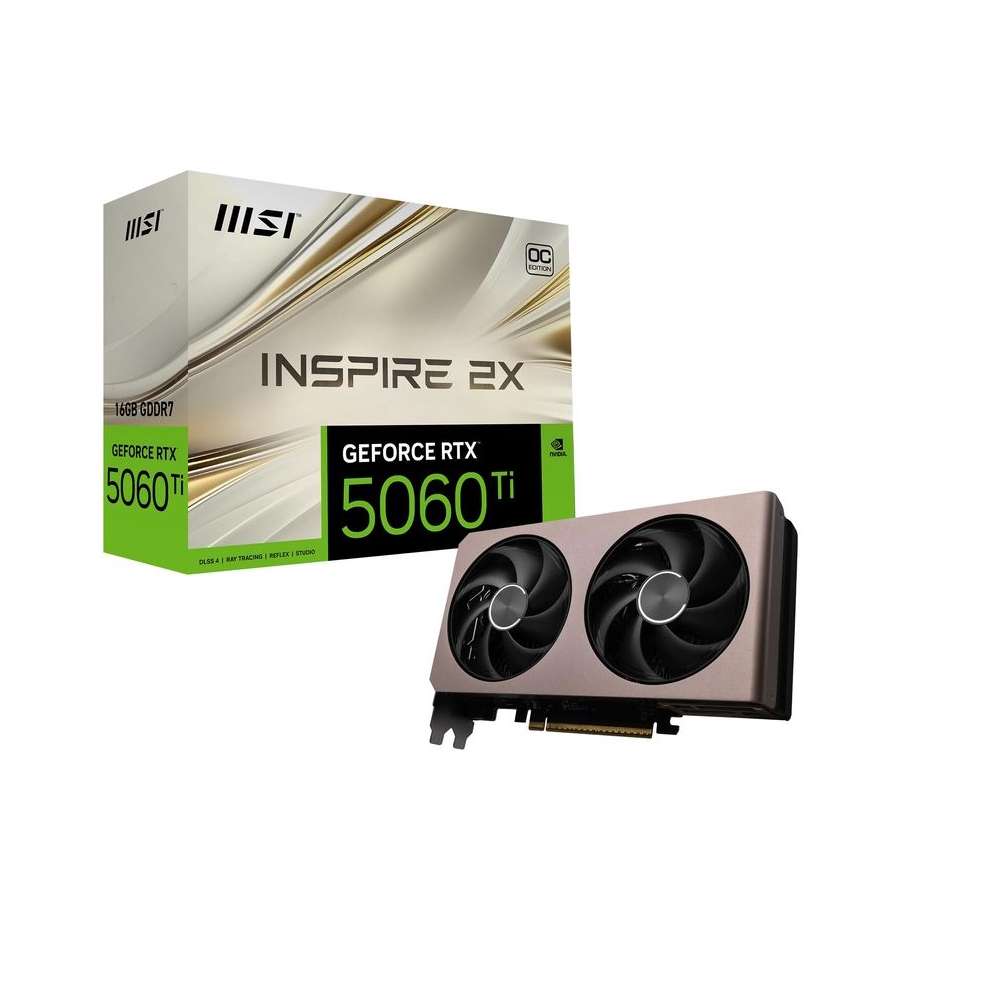 MSI GeForce RTX 5060 Ti 16G Inspire 2X OC Graphic Card - NVIDIA GeForce RTX 5060 Ti GPU, 16GB GDDR7 128-bit Memory, 28 Gbps, PCI Express Gen 5 x16 Interface, Upto 2617 MHz, STORMFORCE Fan