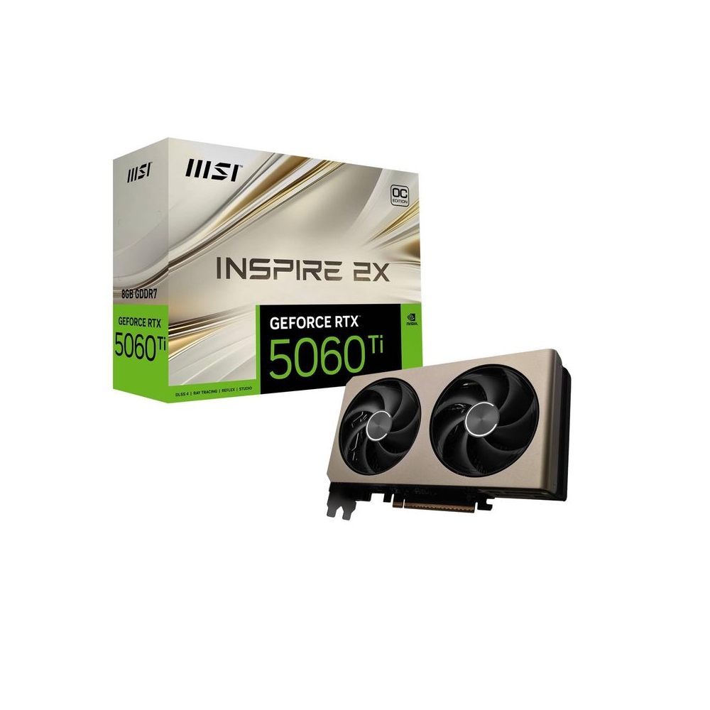 MSI GeForce RTX 5060 Ti 8G Inspire 2X OC Graphic Card - NVIDIA GeForce RTX 5060 Ti GPU, 8GB GDDR7 128-bit Memory, 28 Gbps, PCI Express Gen 5 x16 Interface, Upto 2617 MHz, STORMFORCE Fan