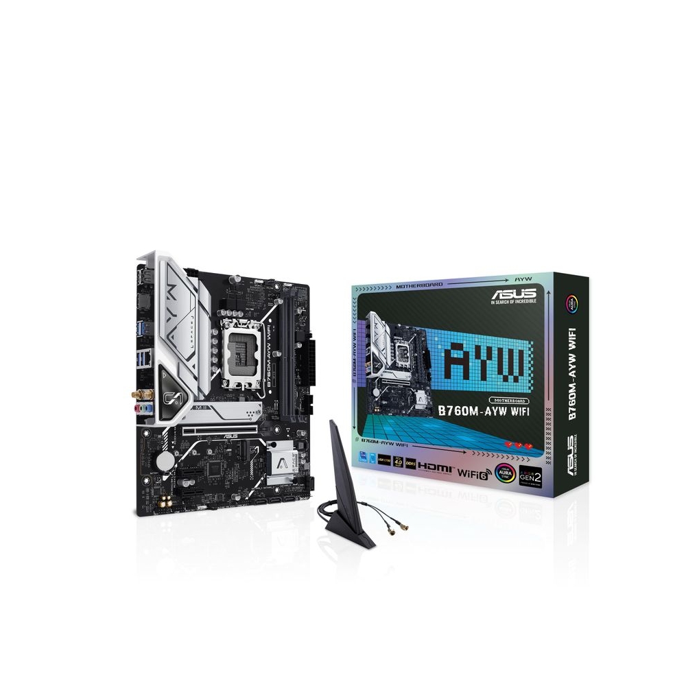 ASUS B760M-AYW WiFi, an Intel B760 LGA 1700 mATX Motherboard with PCIe 4.0, Two PCIe 4.0 M.2 Slots, DDR5, Realtek 2.5Gb Ethernet, WiFi 6, HDMI, SATA 6 Gbps, Front USB 3.2 Gen 1, Aura Sync