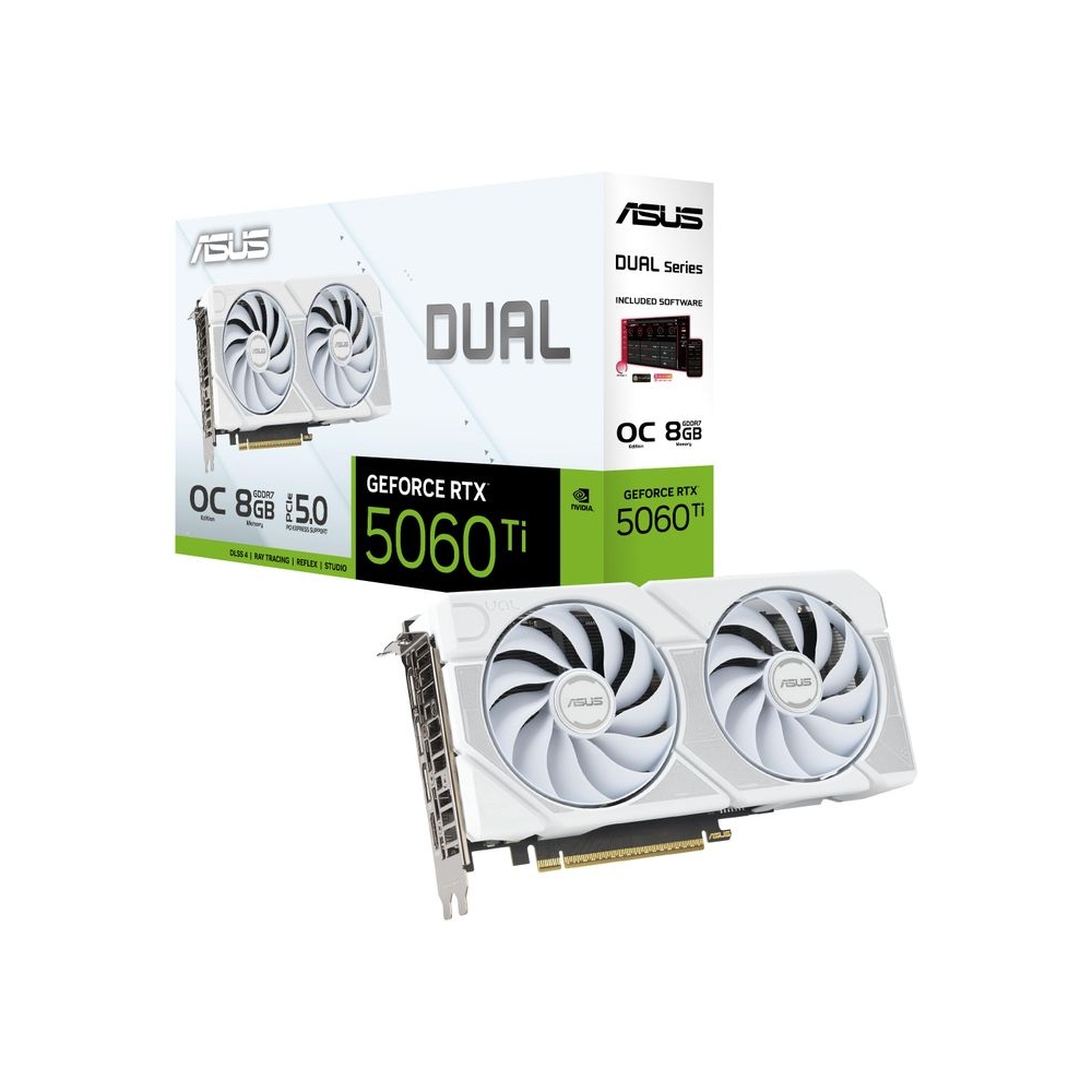 ASUS Dual NVIDIA GeForce RTX 5060 Ti 8GB White GDDR7 OC Edition - Graphics Card (PCIe 5.0, DLSS 4, HDMI 2.1b, DisplayPort 2.1b, 2.5-Slot, Axial Fans, 0dB Technology, Dual BIOS)