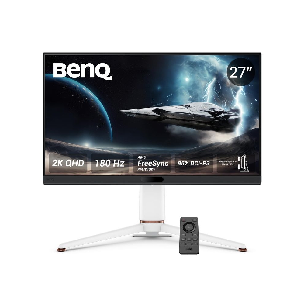 BenQ MOBIUZ EX271Q 27” (68.58 cm) 2K QHD 180Hz Gaming Monitor, 1ms GtG, AMD FreesSync Premium, DP 1.4, HDMI 2.0, 65W USB-C, 95% P3, Height Adjust, KVM, AI Color Adjustment, Remote Controller (White)