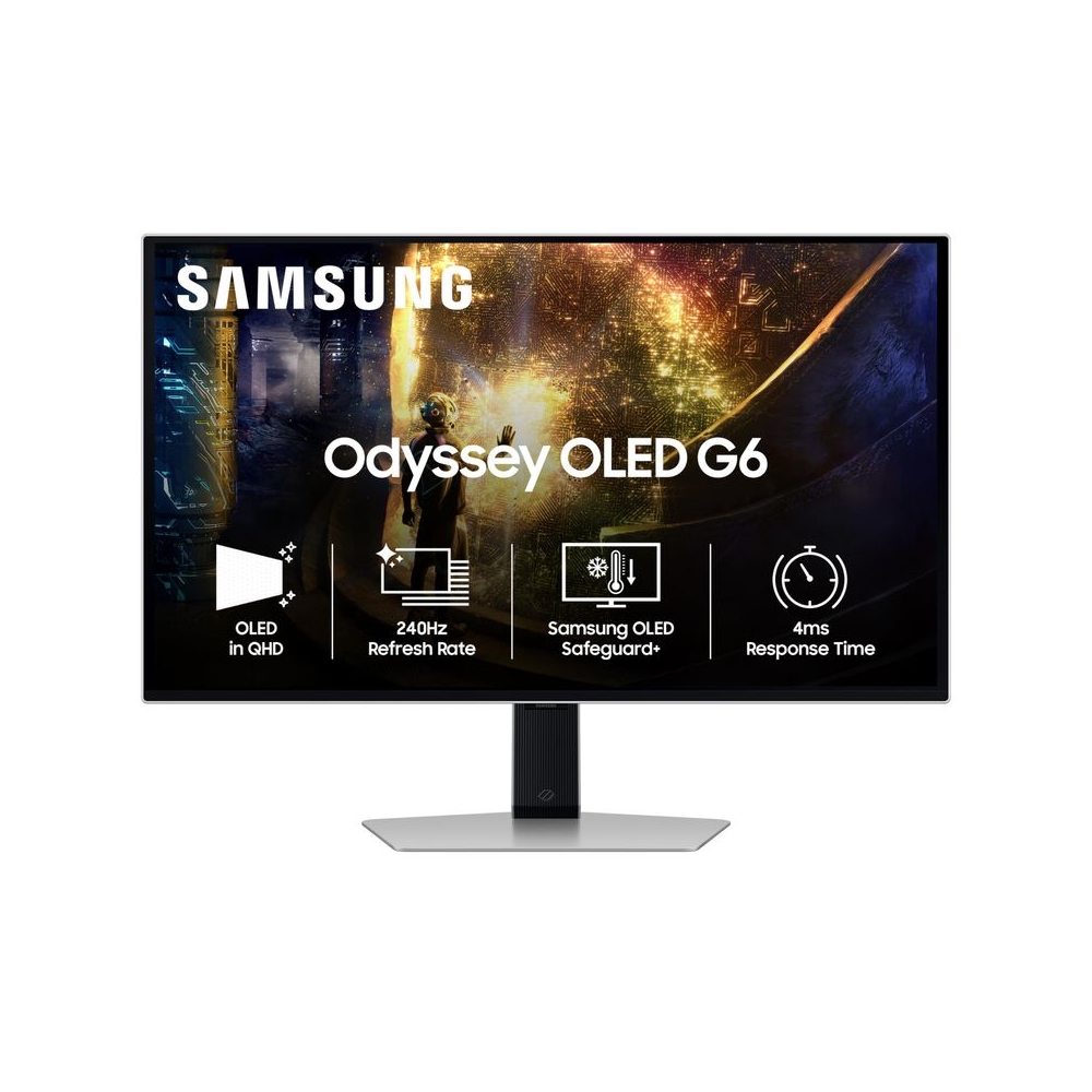 Samsung 27" (67.8 cm) Odyssey G6 OLED 2K Gaming Monitor|QHD 2560 x 1440|240 Hz|0.03ms| OLED Safeguard+|FreeSync Premium Pro|Nvidia G-Sync|Height-Tilt-Pivot Adjustable Stand|LS27DG610SWXXL|Silver