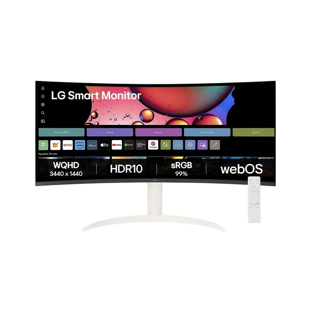 LG 34SR65QC Curved (1800R) UltraWide 21:9 Smart Monitor, 34" WQHD (3440x1440), HDR10, 99% sRGB(Typ.), 100Hz, Built-in Speaker, Height/Tilt Adjustment, webOS, AirPlay2, Bluetooth, HDMI, USB, White