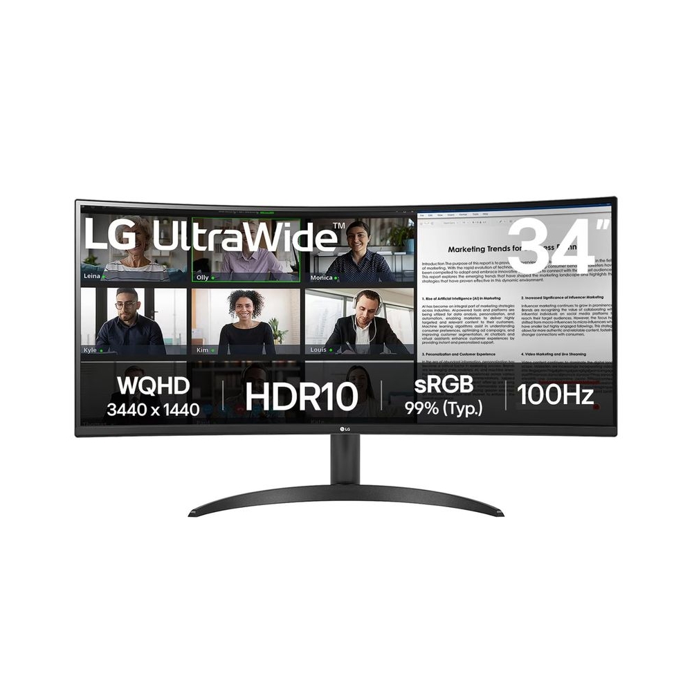 LG 34 Inches 21:9 Curved Ultra Wide Monitor, WQHD (3440 x 1440 Pixels), sRGB 99%(Typ), HDR 10, Dual Controller, PBP, Flicker Safe, Smart Energy Saving, HDMI, DP, Head Phone Out,Tilt, Black, 34WR50QK