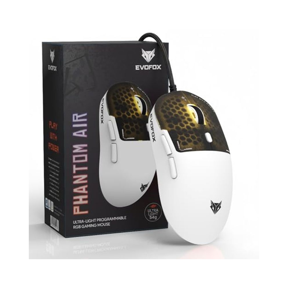 EvoFox Phantom Air Ultra Lightweight Gaming Mouse | Upto 1000Hz Polling Rate, 7000 FPS, 12800 DPI | Honeycomb RGB Lighting | Fully Programmable with Windows Software &amp; On-Board Memory | White