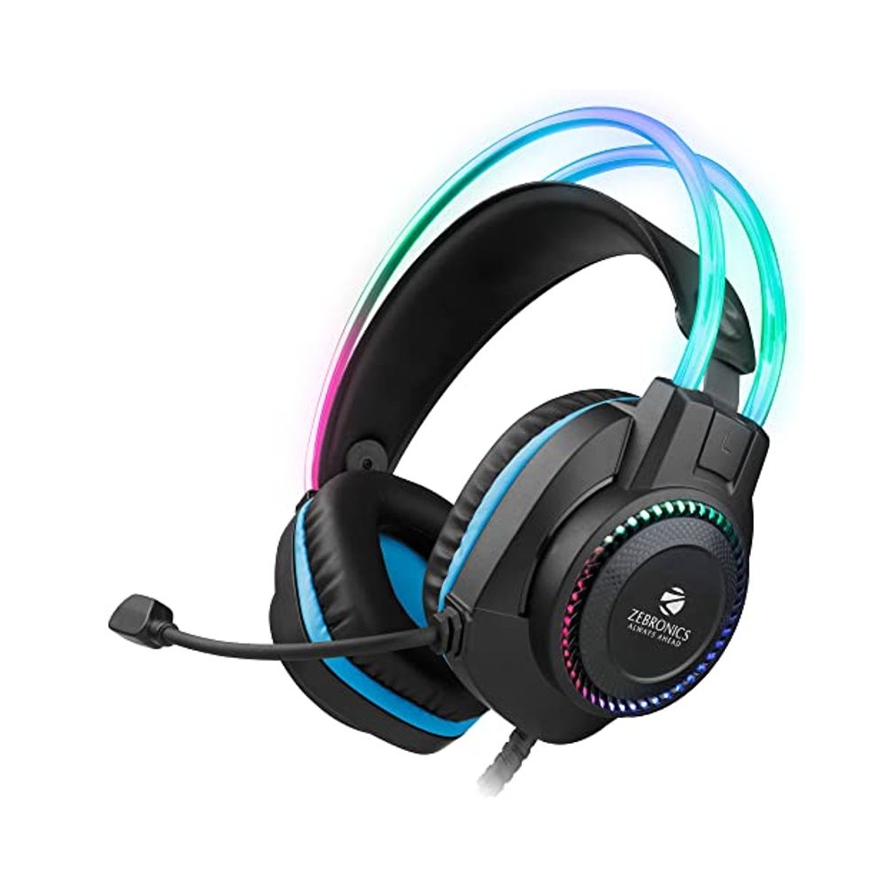 Zebronics Jet PRO Premium Wired Gaming On Ear Headphone with LED for Headband + earcups, 40mm Neodymium Drivers, 2 Meter Braided Cable, with mic, Suspension Design, 3.5mm + USB Connector (Black, Blue)