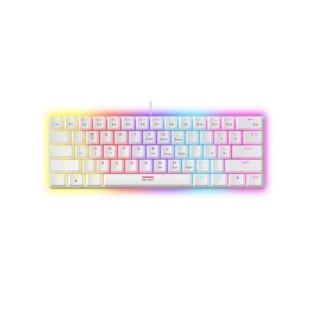 Ant Esports MK1200 Mini 60% Wired Mechanical Gaming Keyboard – Red Switch, Rainbow Backlit, 61 Keys, Anti-Ghosting, USB, Compact TKL – Compatible with Windows, macOS, PS5, Xbox, Laptop & PC (White)
